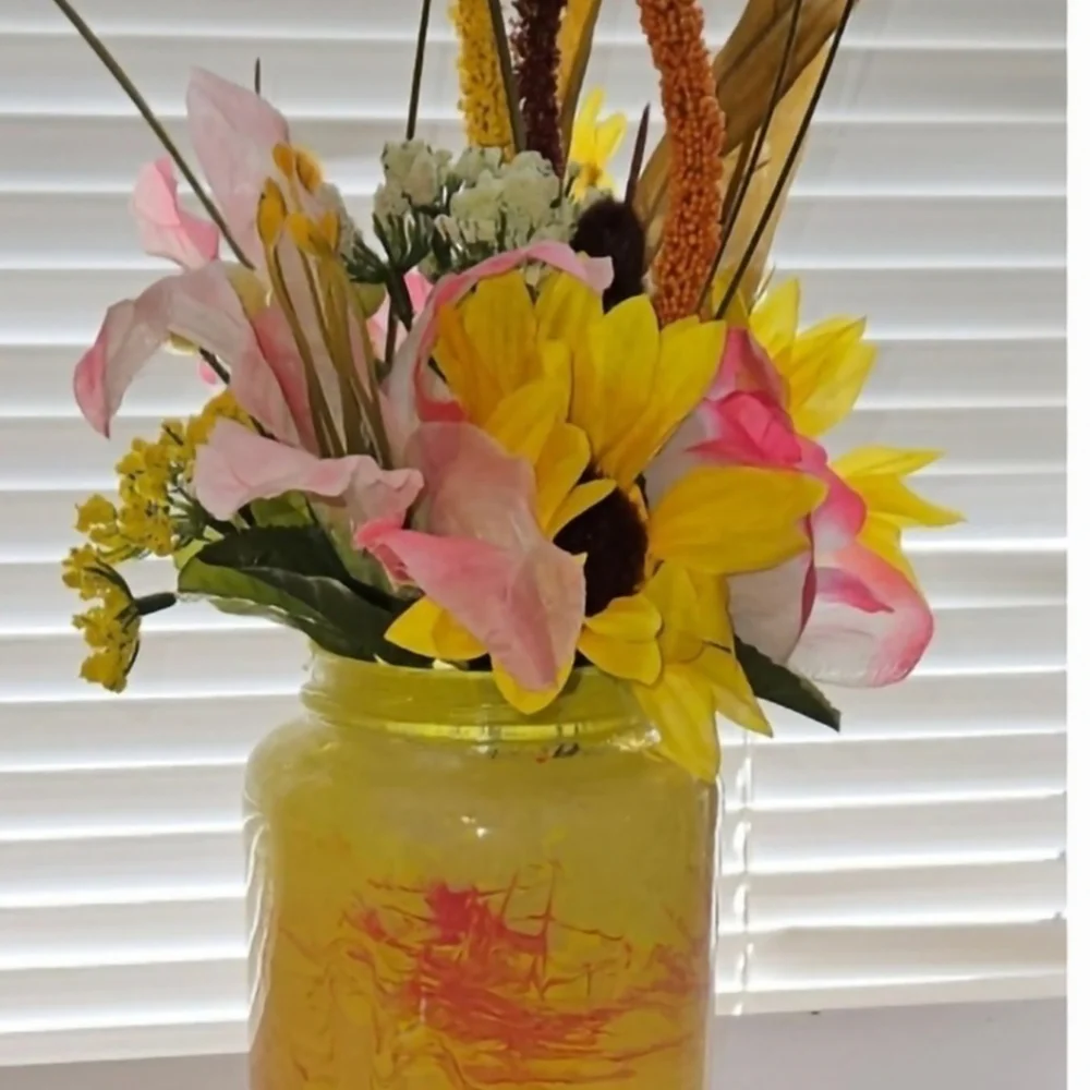 Mystery of One, One Of A Kind Silk Floral Arrangement in a Handpainted Glass Jar